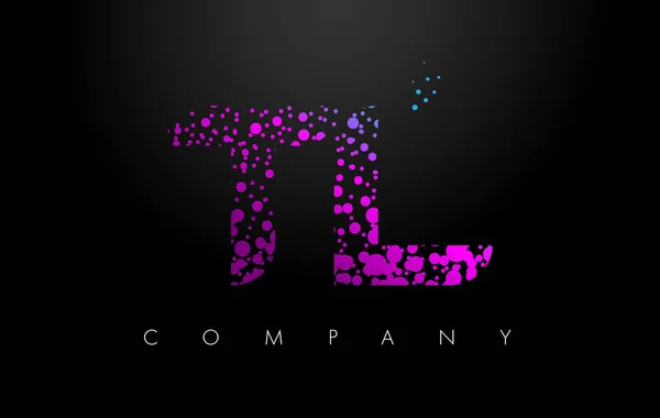 TL γράμμα L T λογότυπο με μοβ σωματίδια και φούσκα τελείες — Διανυσματικό Αρχείο