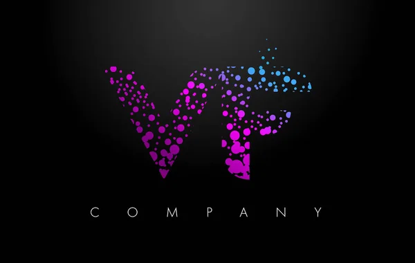 Logo lettre VF V F avec particules violettes et points bulles — Image vectorielle