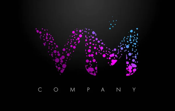 VM V M Letter Logo with Purple Particles and Bubble Dots — Stock Vector