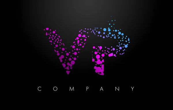 Logo lettre VP V P avec particules violettes et points bulles — Image vectorielle