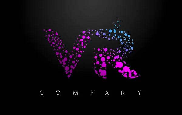 VR V R επιστολή λογότυπο με μοβ σωματίδια και φούσκα τελείες — Διανυσματικό Αρχείο