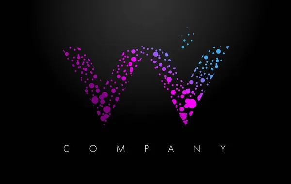 VV V επιστολή λογότυπο με μοβ σωματίδια και φούσκα τελείες — Διανυσματικό Αρχείο