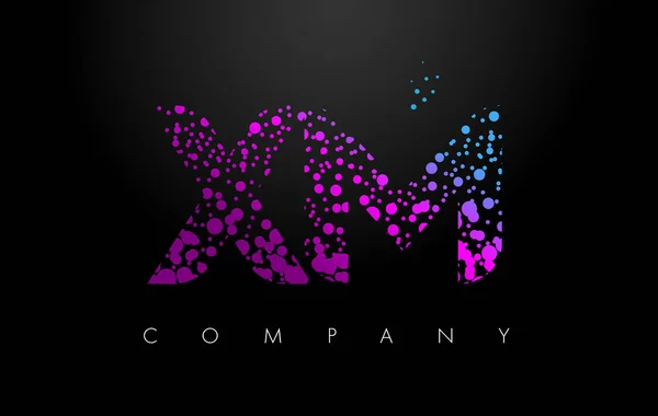 XM X M επιστολή λογότυπο με μοβ σωματίδια και φούσκα τελείες — Διανυσματικό Αρχείο