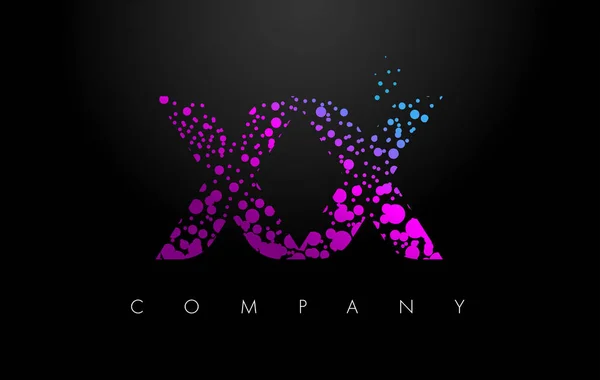 XX X X γράμμα λογότυπο με μοβ σωματίδια και φούσκα τελείες — Διανυσματικό Αρχείο