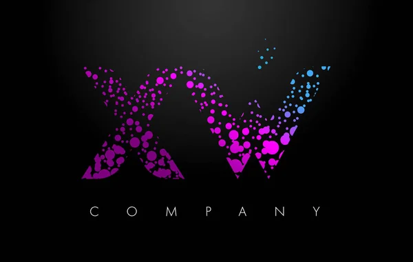 Logo lettera XW X W con particelle viola e puntini di bolla — Vettoriale Stock