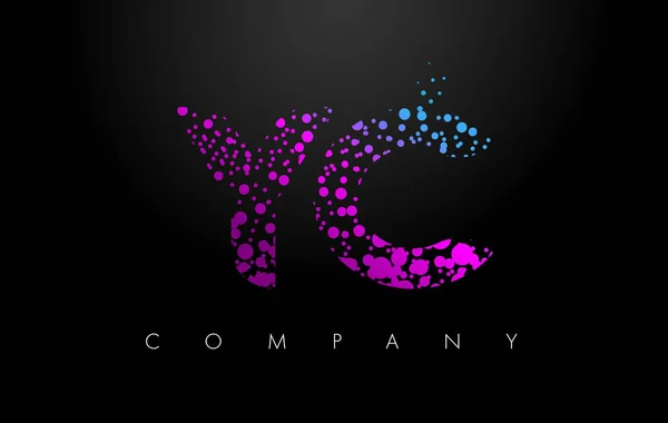 YC Y C letra logotipo com partículas roxas e bolhas pontos — Vetor de Stock
