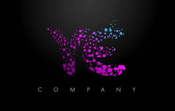 YE Y E logotipo da carta com partículas roxas e pontos bolha — Vetor de Stock