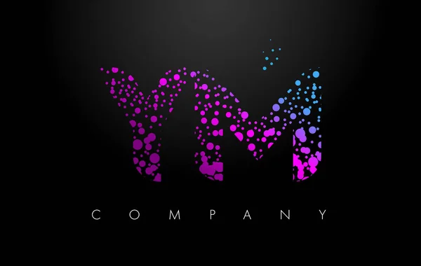 YM Y M letra logotipo com partículas roxas e pontos bolha — Vetor de Stock