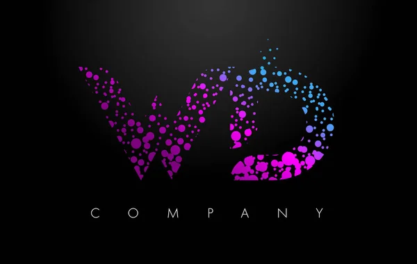 WD W D Letter Logo with Purple Particles and Bubble Dots — Stock Vector