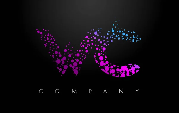 WC W C επιστολή λογότυπο με μοβ σωματίδια και φούσκα τελείες — Διανυσματικό Αρχείο