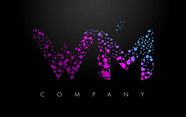 Purple partikül ve kabarcık noktalar ile WM W M harfi Logo — Stok Vektör