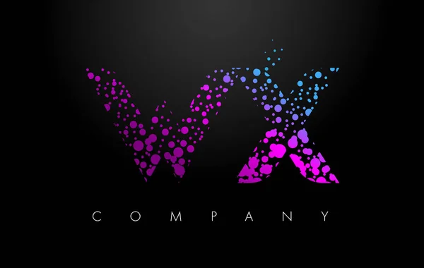 WX W X Letter Logo with Purple Particles and Bubble Dots — Stock Vector