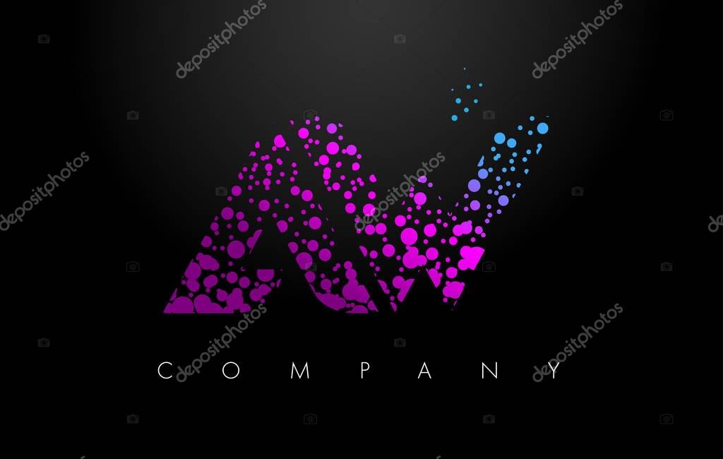AW A W Letter Logo with Purple Blue Particles and Bubble Dots Design Vector.