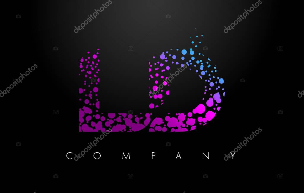LD L D Letter Logo with Purple Blue Particles and Bubble Dots Design Vector.