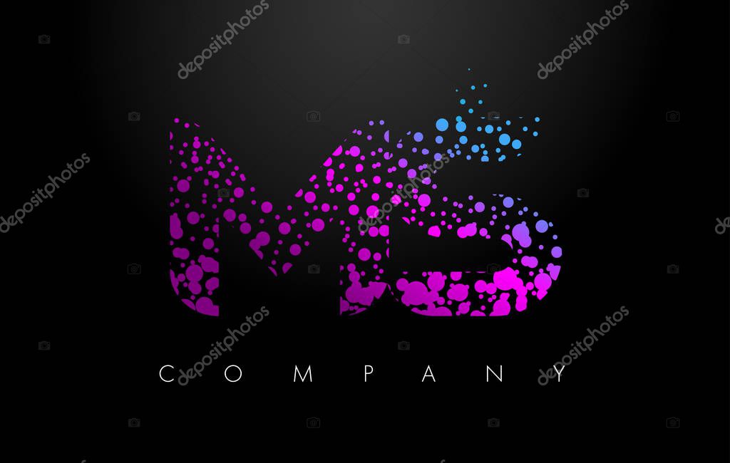 MS M S Letter Logo with Purple Blue Particles and Bubble Dots Design Vector.