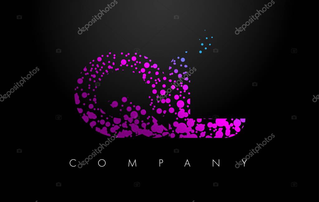 QL Q L Letter Logo with Purple Blue Particles and Bubble Dots Design Vector.