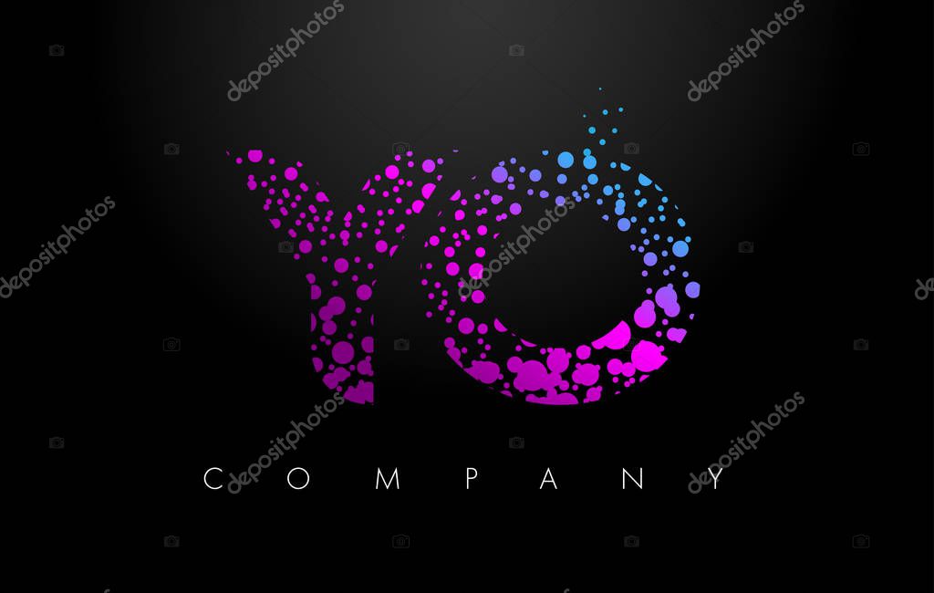 YO Y O Letter Logo with Purple Blue Particles and Bubble Dots Design Vector.