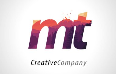 MT M T harfi Logo tasarımı ile mor orman doku düz vektör