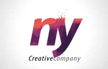 NY N Y harfi Logo tasarımı ile mor orman doku düz vektör
