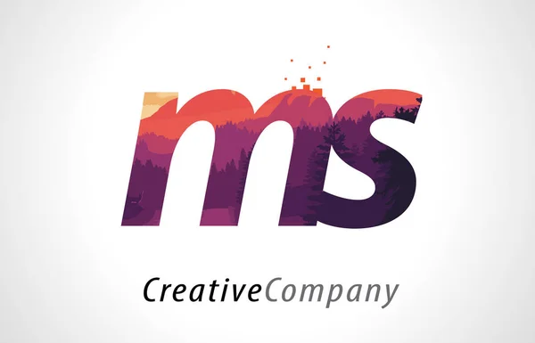 MS M S Lettre Logo Design avec la texture de la forêt pourpre Vecteur plat — Image vectorielle