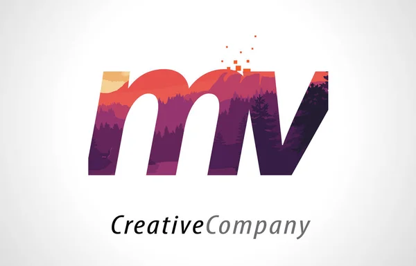 MV M V Carta Logo Design com Floresta Roxa Textura Flat Vector — Vetor de Stock