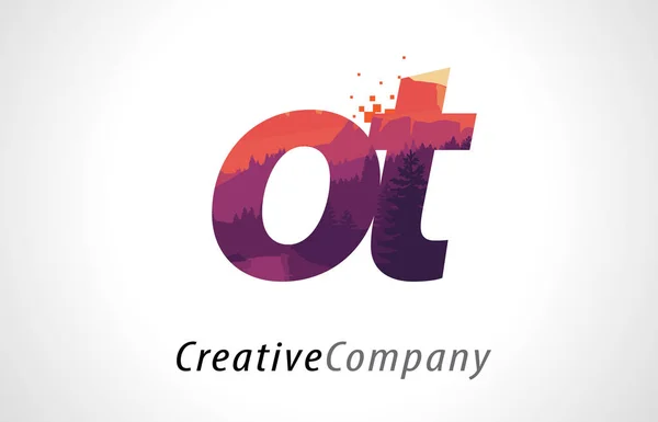 Logo lettera OT O T Design con texture foresta viola vettore piatto — Vettoriale Stock