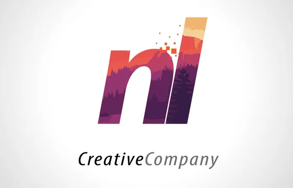 NL N L Letter Logo Design with Purple Forest Texture Flat Vector — Stock Vector