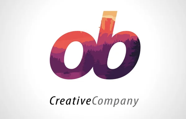 OB O B Carta Logo Design com Floresta Roxa Textura Flat Vector — Vetor de Stock