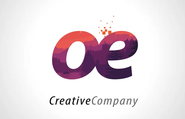 OE O E list Logo Design z fioletowy Las tekstura wektor płaskie — Wektor stockowy