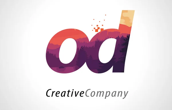 OD O D Lettera Logo Design con texture foresta viola vettore piatto — Vettoriale Stock