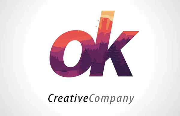 OK O K Carta Logo Design com Floresta Roxa Textura Flat Vector —  Vetores de Stock