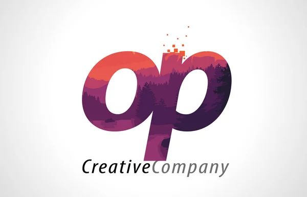 Op O P betű Logo Design a lila erdő textúra lapos vektor — Stock Vector