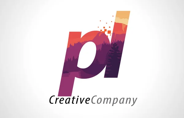 PL P L Літера Дизайн логотипу з фіолетовою лісовою текстурою плоский вектор — стоковий вектор