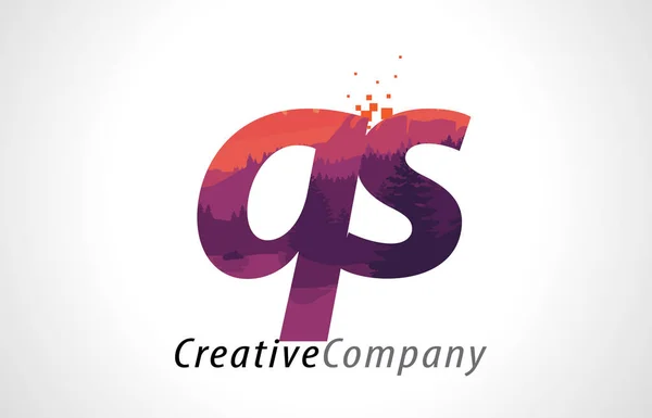 QS Q S Letter Logo Design con struttura forestale viola Vettore piatto — Vettoriale Stock
