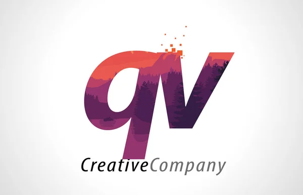 QV Q V Carta Logo Design com Floresta Roxa Textura Flat Vector — Vetor de Stock