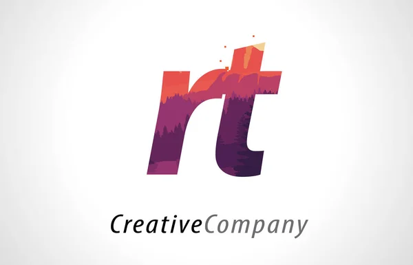 RT R T Letter Logo Design with Purple Forest Texture Flat Vector — Stock Vector