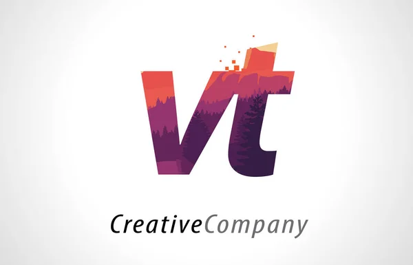 VT V T Carta Logo Design com Floresta Roxa Textura Flat Vector — Vetor de Stock