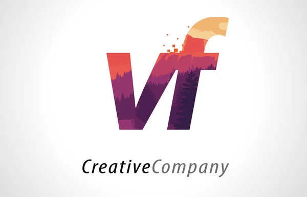 VF V F Carta Logo Design com Floresta Roxa Textura Flat Vector — Vetor de Stock