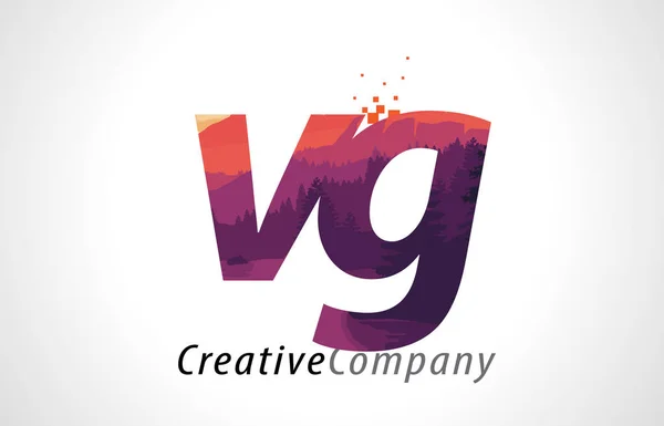 VG V G Carta Logo Design com Floresta Roxa Textura Flat Vector — Vetor de Stock