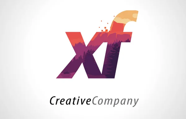 XF X F Carta Logo Design com Floresta Roxa Textura Flat Vector — Vetor de Stock