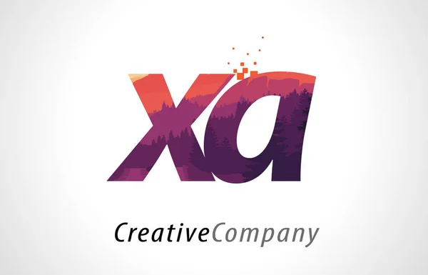 XA X A Lettera Logo Design con texture foresta viola vettore piatto — Vettoriale Stock