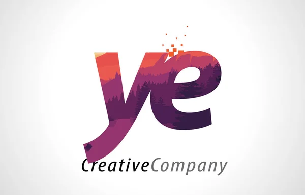 YE Y E Carta Logo Design com Floresta Roxa Textura Flat Vector — Vetor de Stock