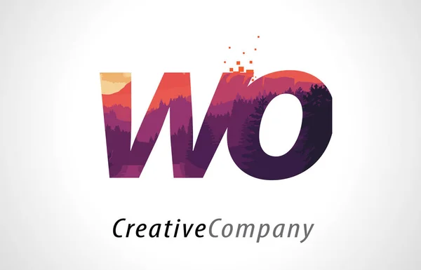 WO W O lettera Logo Design con texture foresta viola vettore piatto — Vettoriale Stock