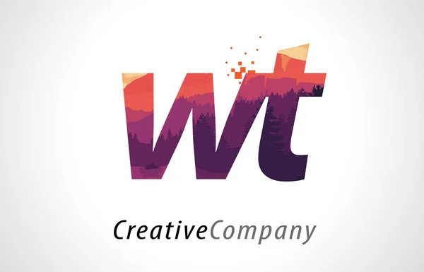 WT W T Carta Logo Design com Floresta Roxa Textura Flat Vector — Vetor de Stock