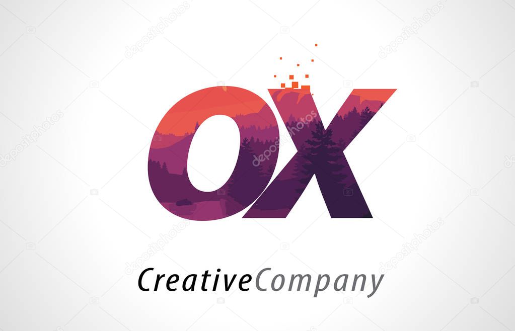 OX O X Letter Logo Design with Purple Orange Forest Texture Flat Vector Illustration.
