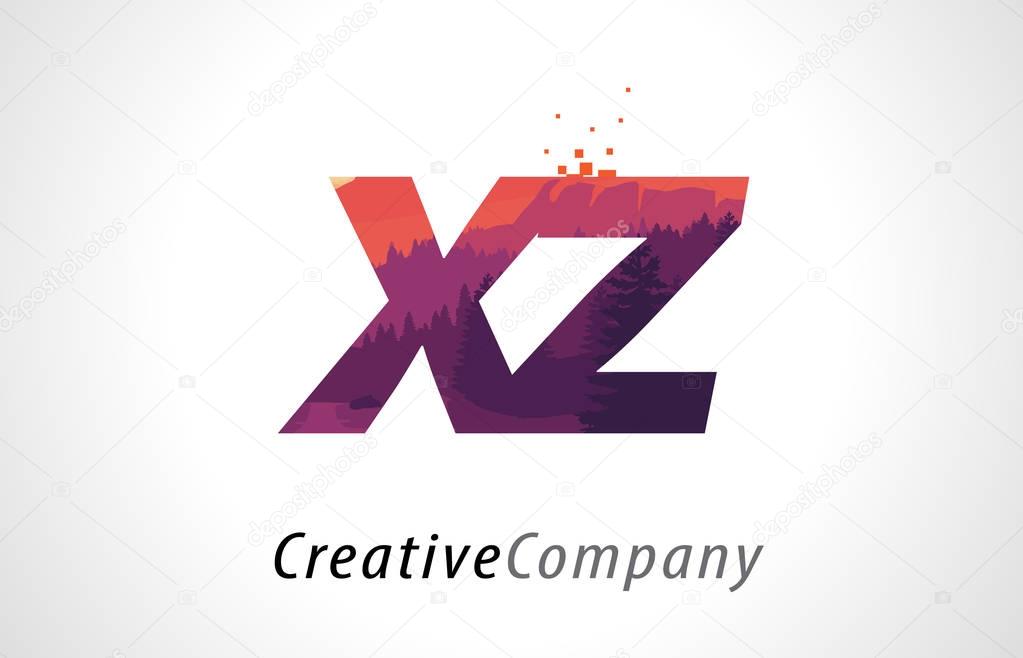 XZ X Z Letter Logo Design with Purple Orange Forest Texture Flat Vector Illustration.