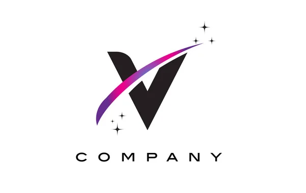 V Negro Carta Logo Diseño con púrpura Magenta Swoosh — Vector de stock