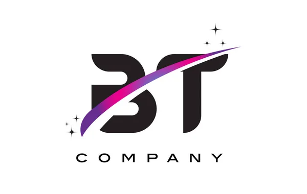 BT B T Negro Letra Logo Diseño con púrpura Magenta Swoosh — Vector de stock