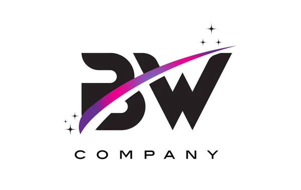 Diseño de logotipo de letra negra BW B W con púrpura Magenta Swoosh — Vector de stock