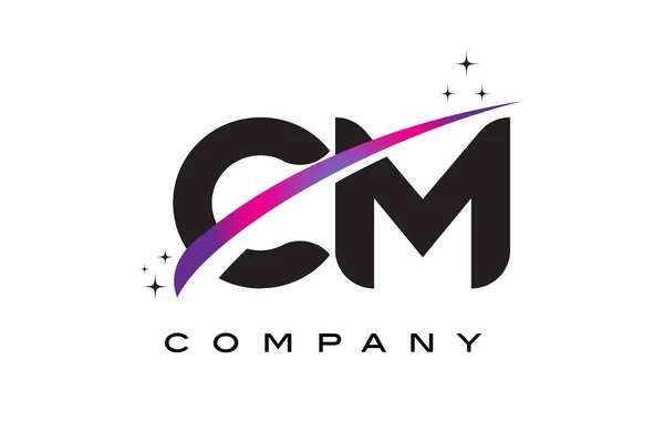 CM C M Negro Letra Logo Diseño con púrpura Magenta Swoosh — Vector de stock